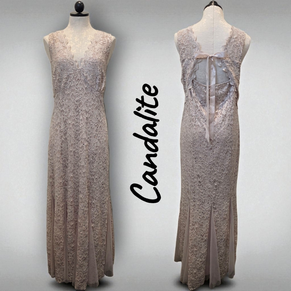 Candalite Lace Gown with Ribbon Tie Back V-Neckline Sleeveless Sequins Champagne